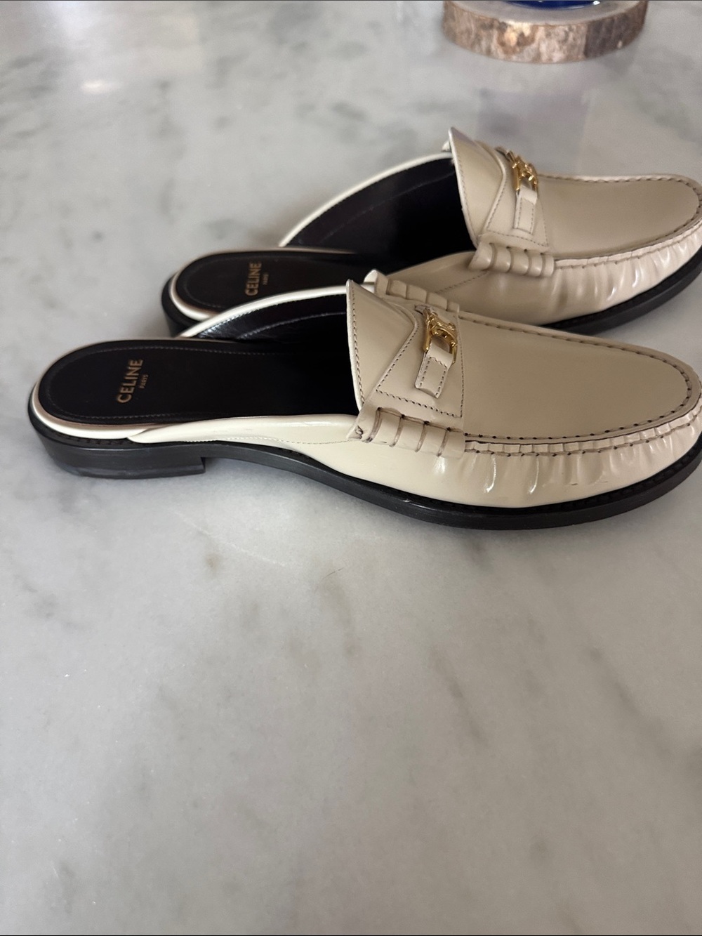 Celine Cream Leather Backless Loafer Slides with Gold Emblem - Picture 5 of 6